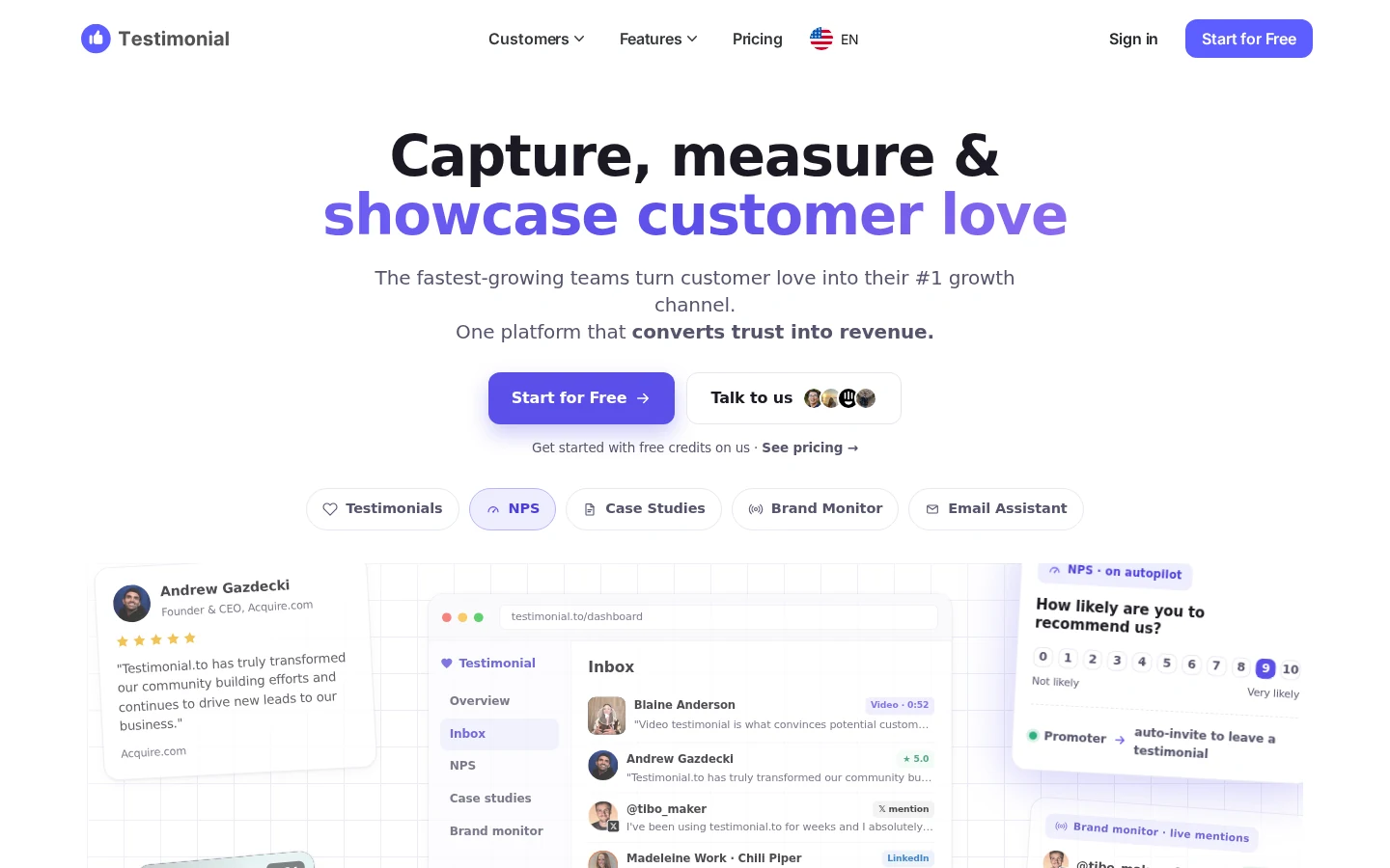 Testimonial.to homepage for capturing and showcasing customer love