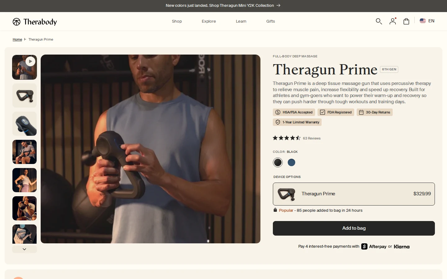 Theragun Prime product landing page with a popular badge showing recent add-to-bag activity