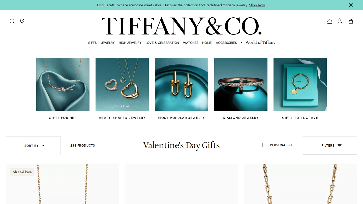 Tiffany & Co. Valentine's Day gifts page with shortcuts for gifts for her, heart-shaped jewelry, most popular, diamond jewelry, and gifts to engrave