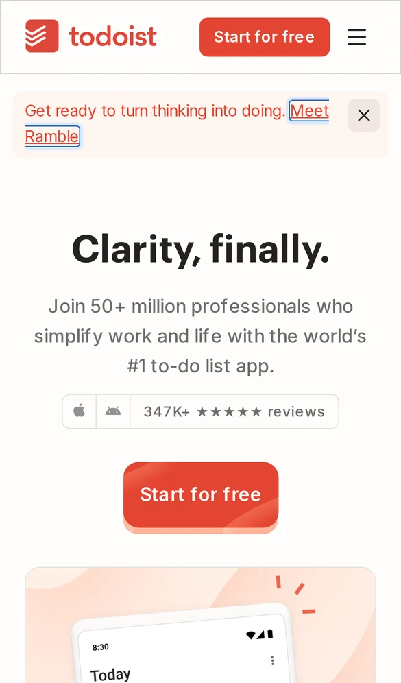 Todoist mobile landing page with a Start for free button and app reviews
