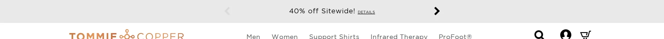 Tommie Copper store header with a rotating 40% off Sitewide announcement bar