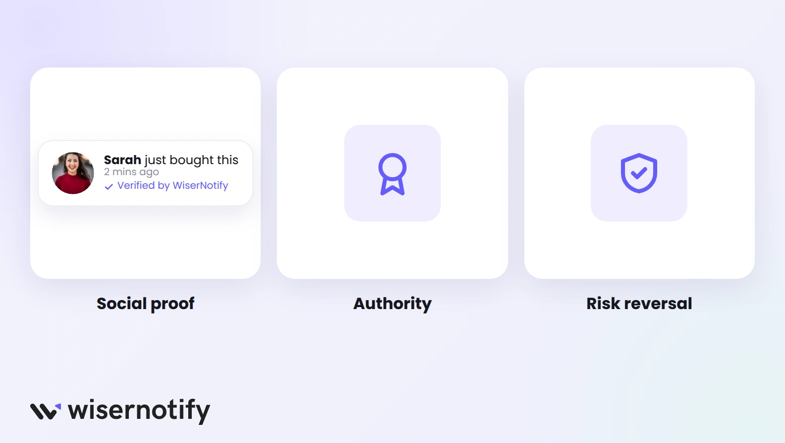 Trust triggers: a recent purchase notification for social proof, an award for authority, and a shield for risk reversal