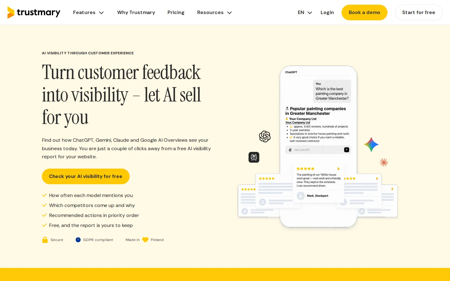 Trustmary homepage for turning customer feedback into visibility