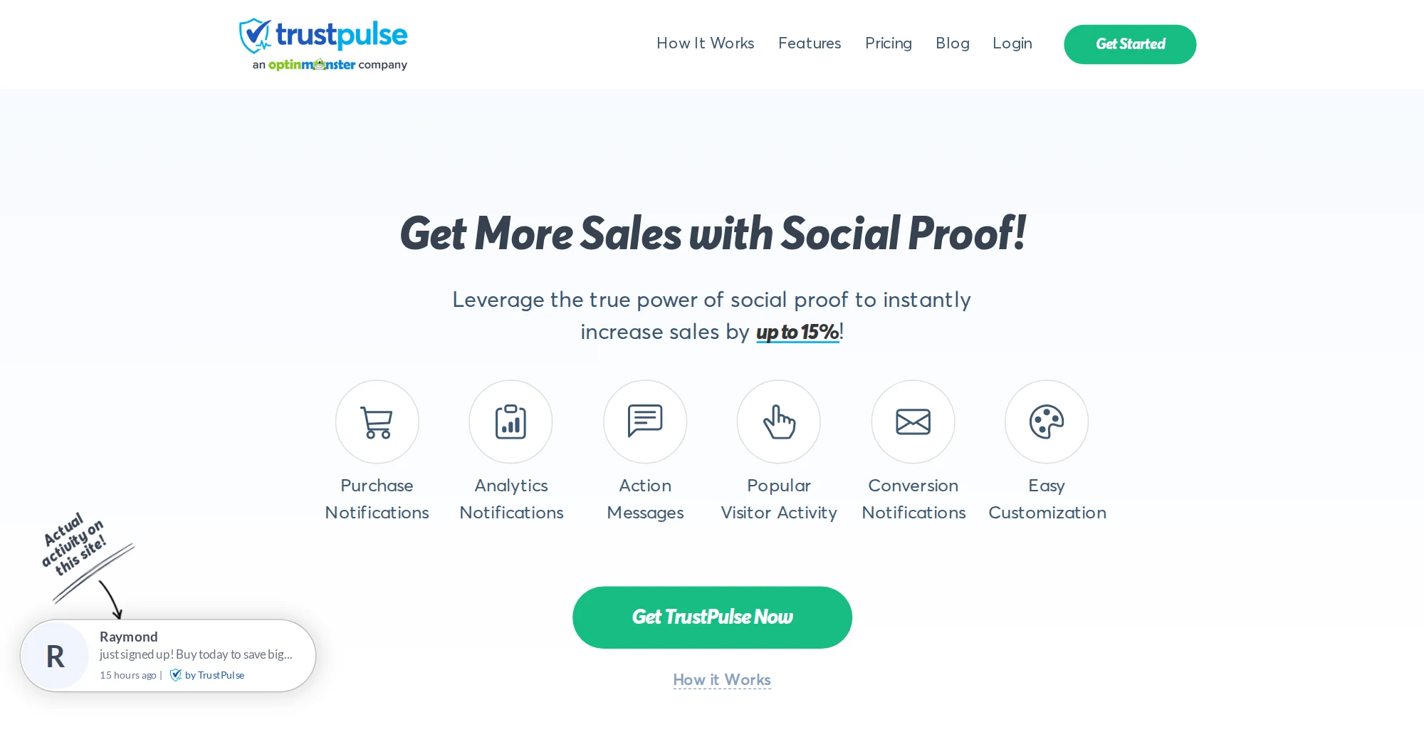 TrustPulse homepage with the headline Get More Sales with Social Proof and a Get TrustPulse Now button