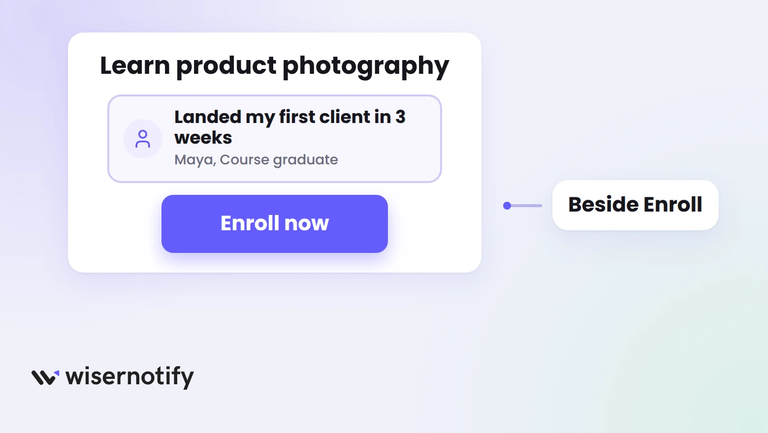 A course sales page with a student testimonial placed beside the Enroll now button