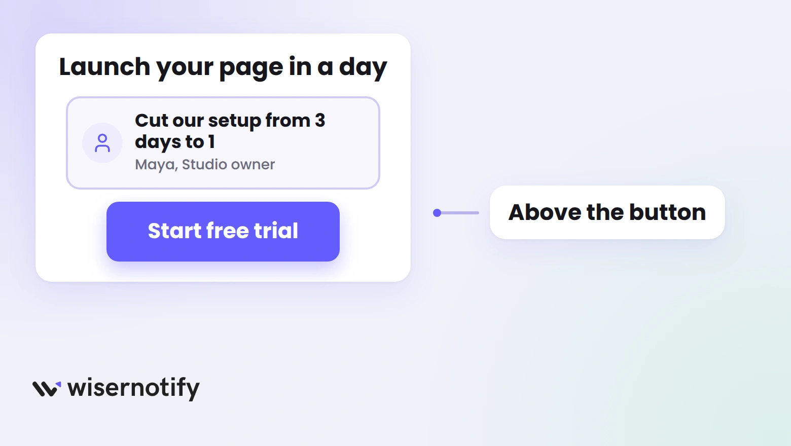 A landing page mockup with a testimonial card placed right above the Start free trial button