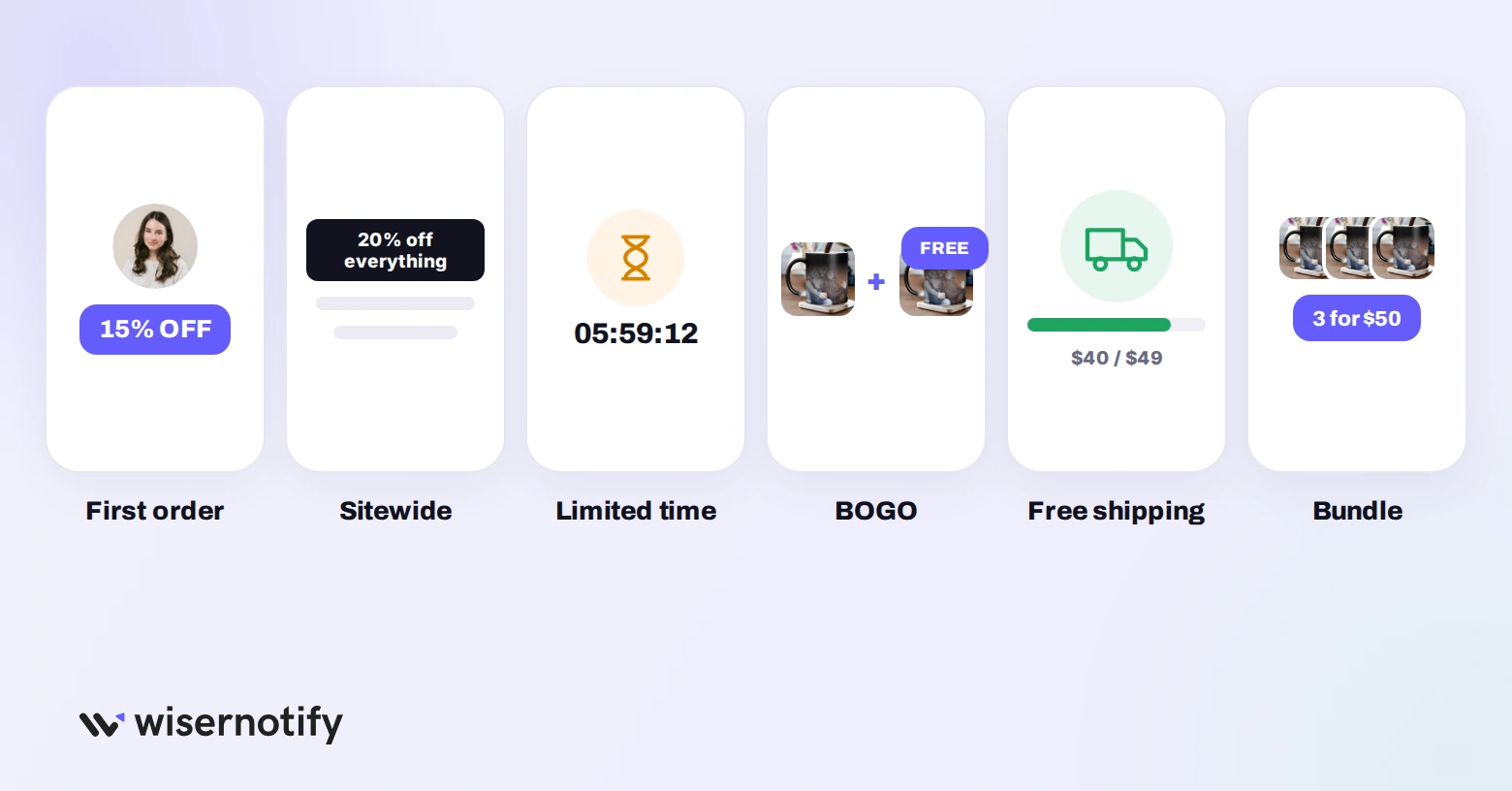 Six types of discounts: first order, sitewide, limited time, buy one get one, free shipping and bundle
