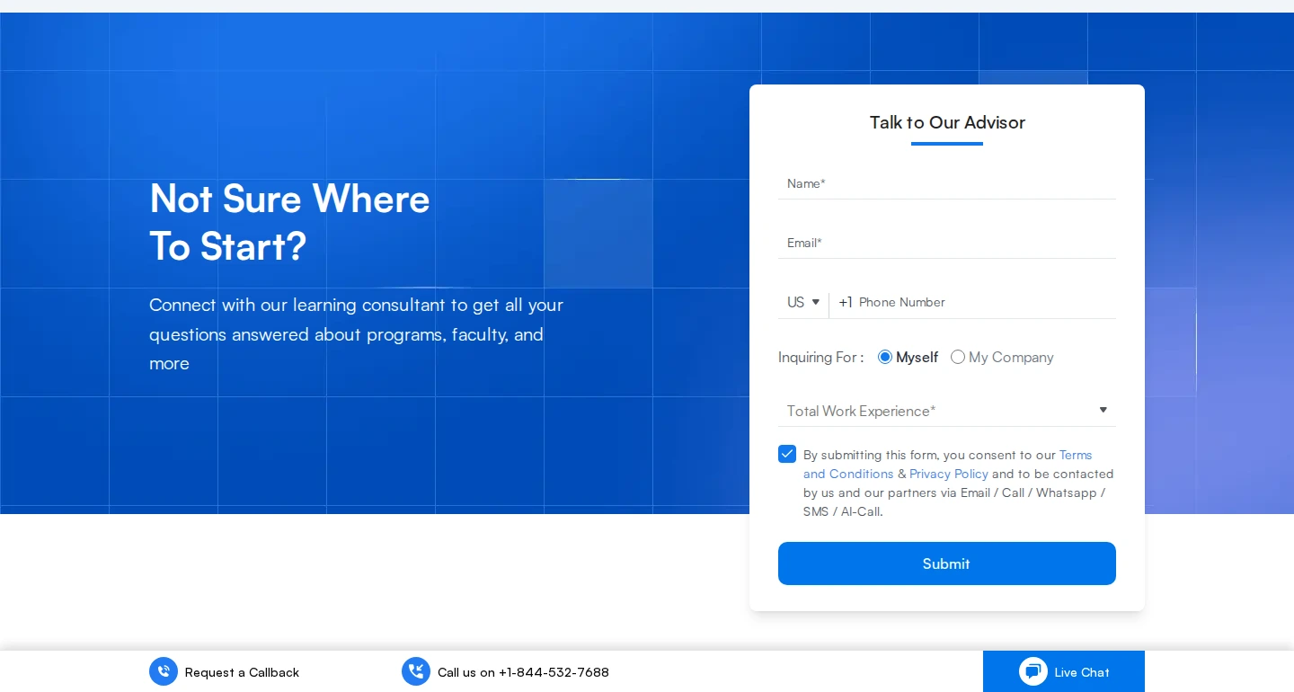 Simplilearn course page with a Not Sure Where To Start advisor form and a sticky Request a Callback bar