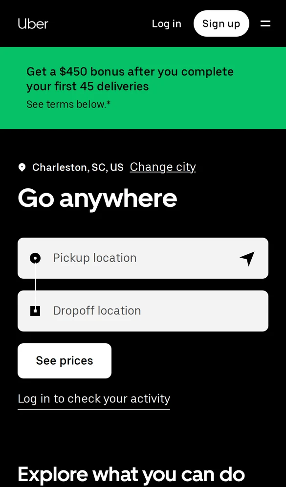 Uber mobile landing page with pickup and dropoff fields and a See prices button