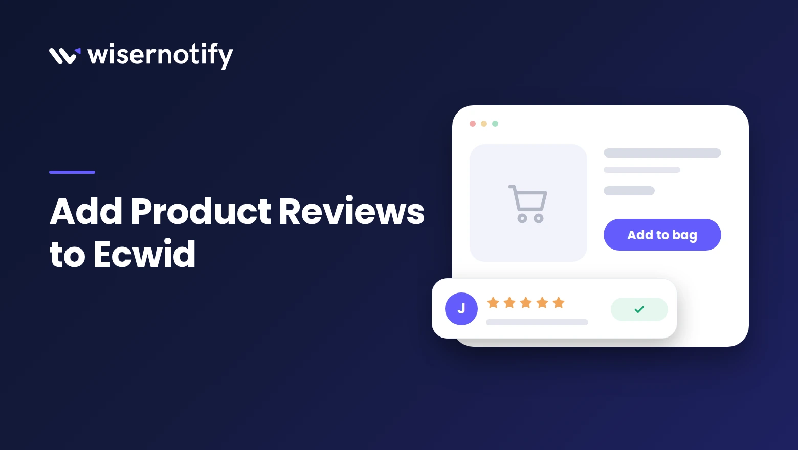Add product reviews to Ecwid: a storefront product card with an Add to bag button and a five-star verified review chip