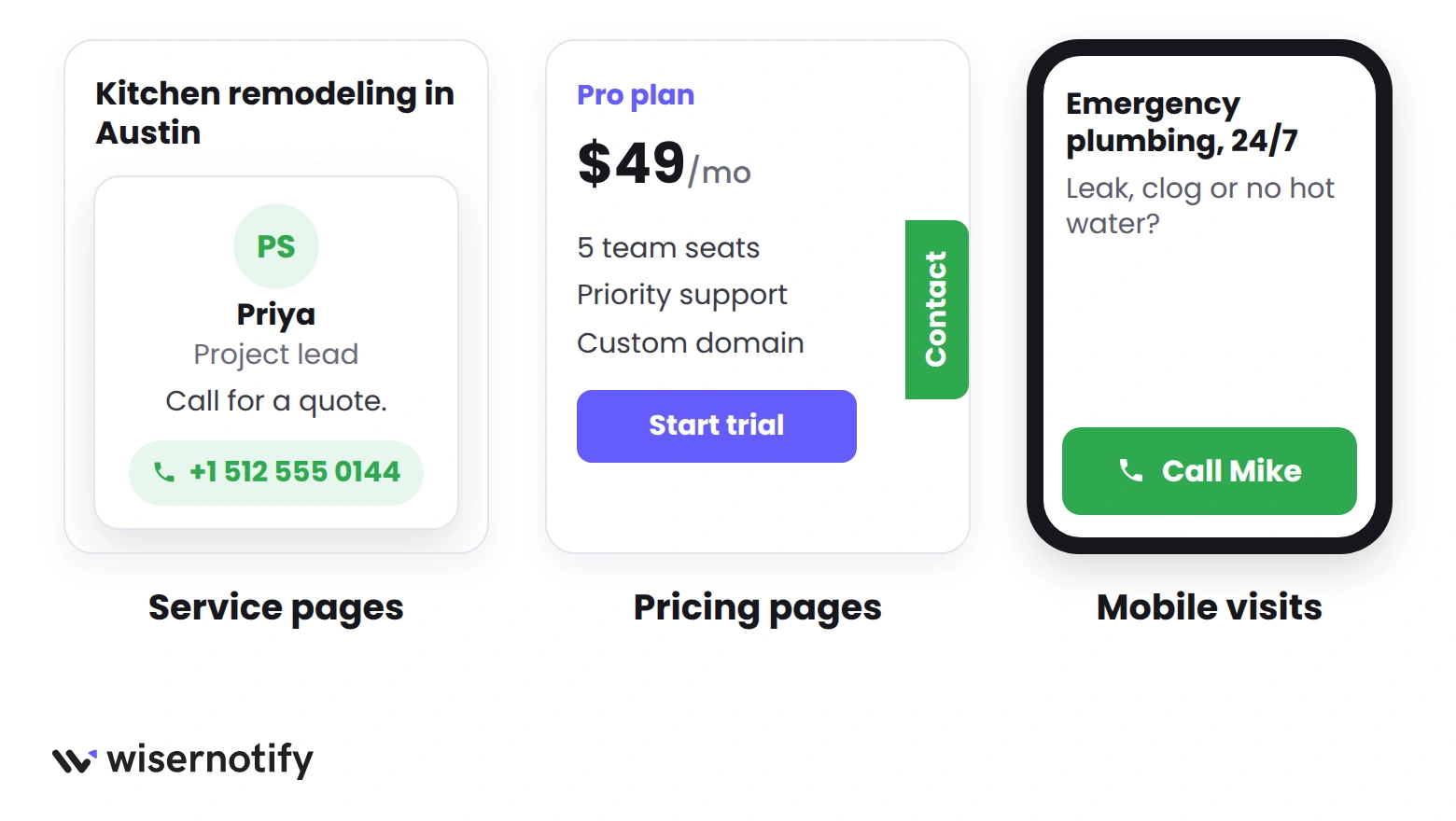 A callback card placed on a service page, a pricing page and a phone screen
