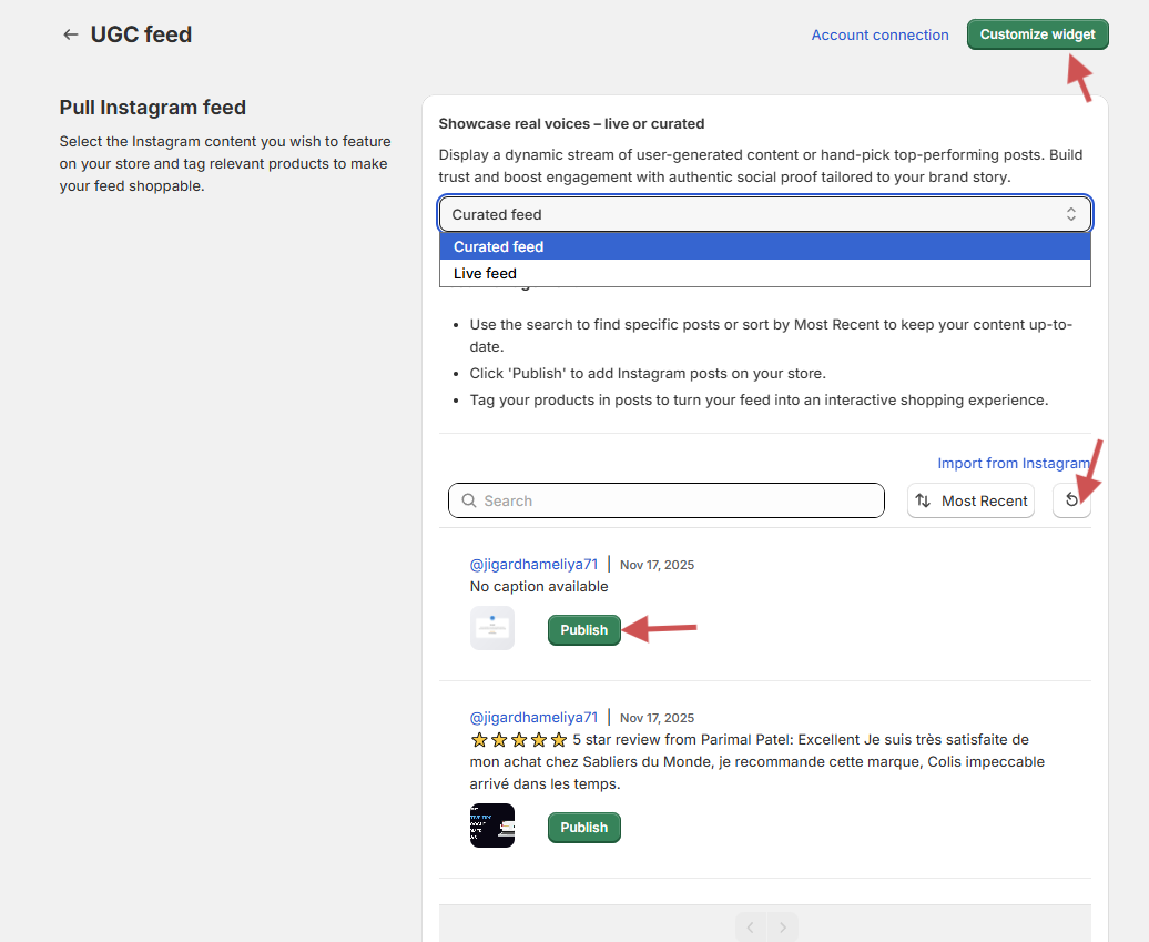 WiserReview UGC feed screen to pull an Instagram feed as a curated or live feed