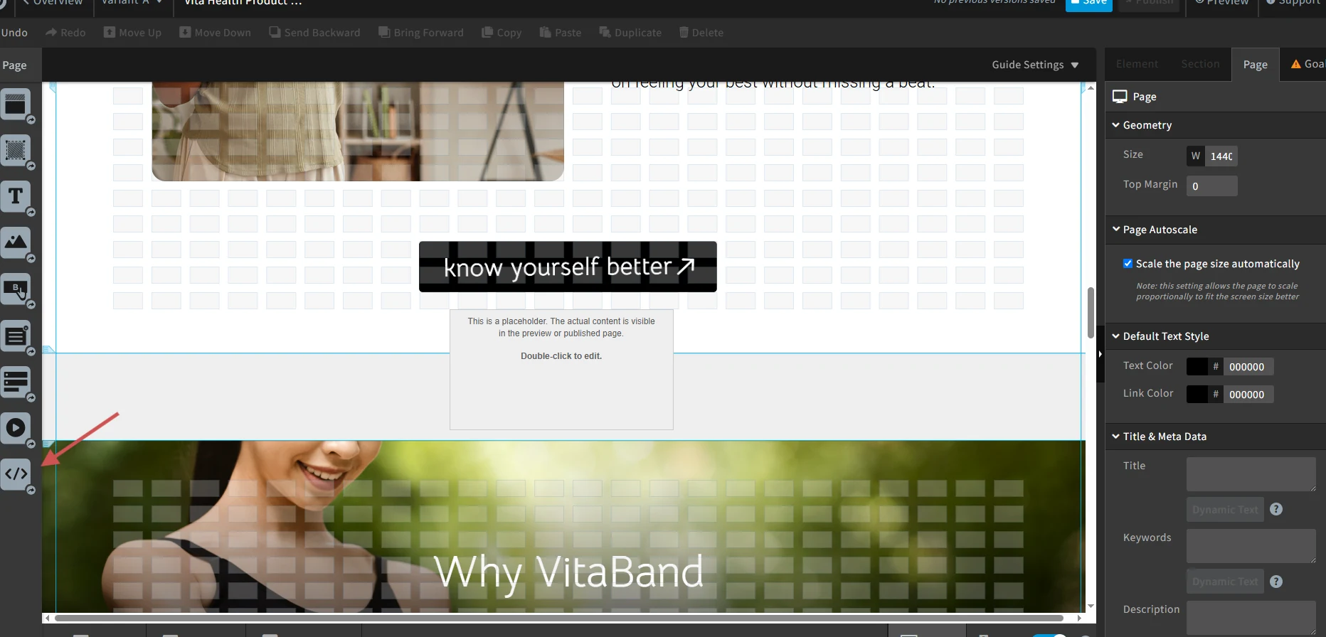 Unbounce Classic Builder with the Custom HTML element in the left toolbar marked
