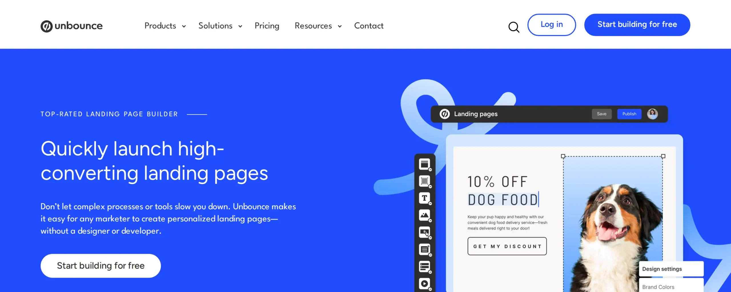 Unbounce landing pages product page with the landing page builder preview