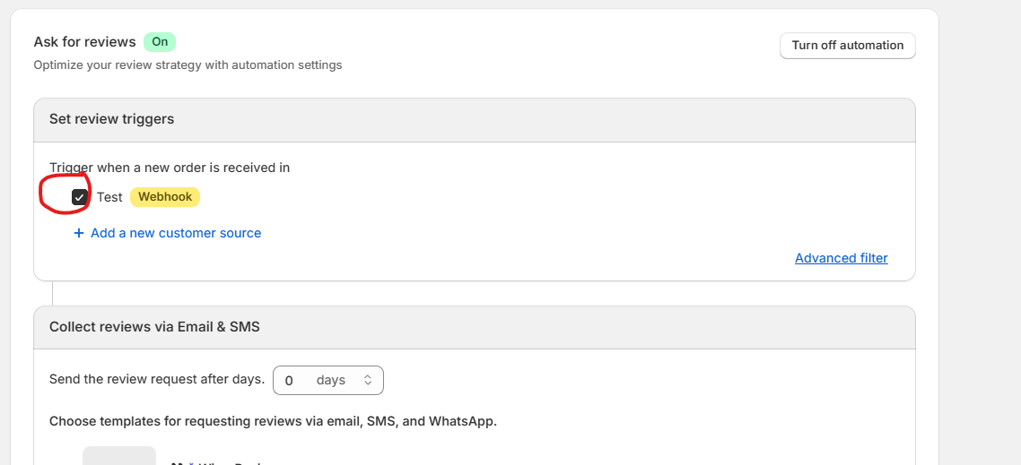 WiserReview Set review triggers section with the webhook source ticked and the send delay below