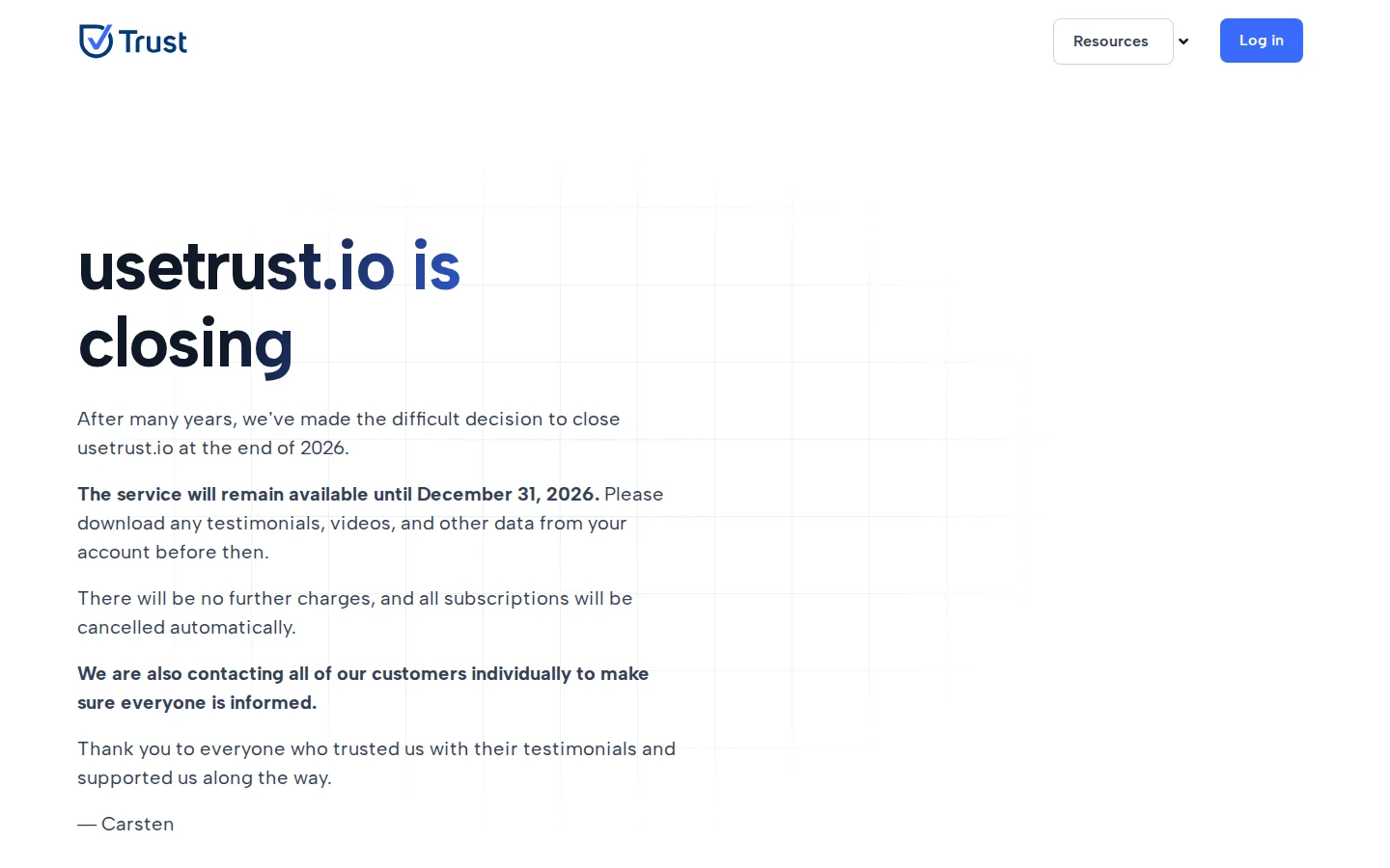 The usetrust.io homepage showing the notice that the service is closing at the end of 2026