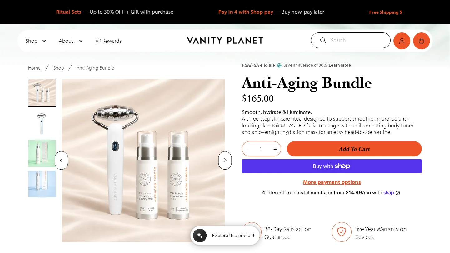 Vanity Planet Anti-Aging Bundle product page at $165 with the save an average of 30% note and the three-step skincare ritual description