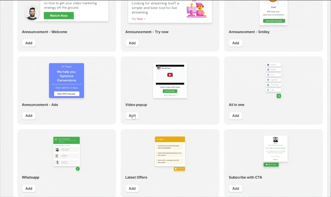 WiserNotify widget template list showing the Latest Offers card with its Add button