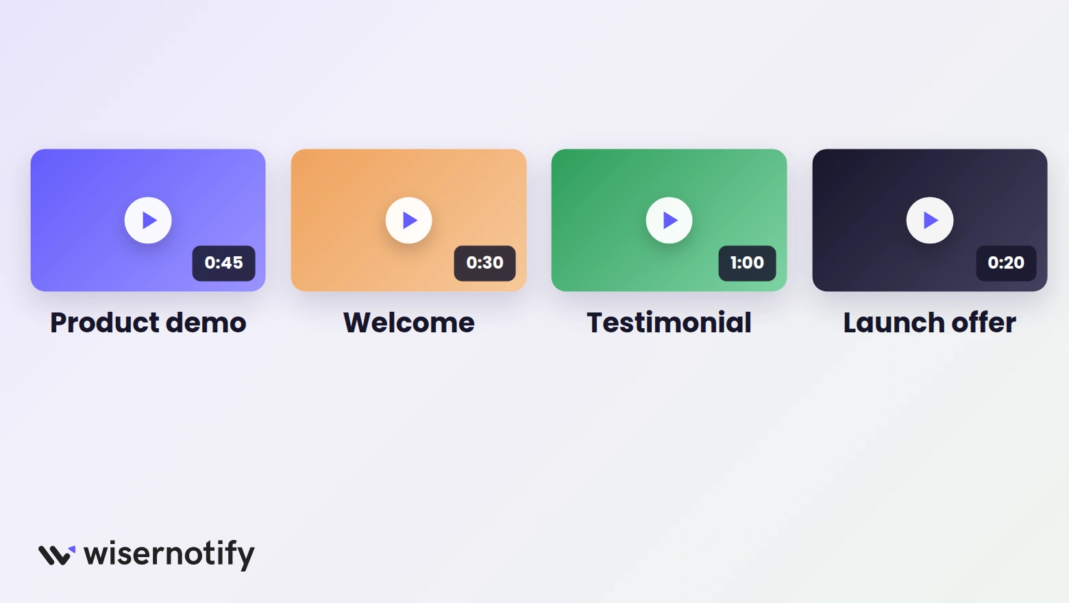 Four video popup ideas with play buttons for demo, welcome, testimonial, and offer videos