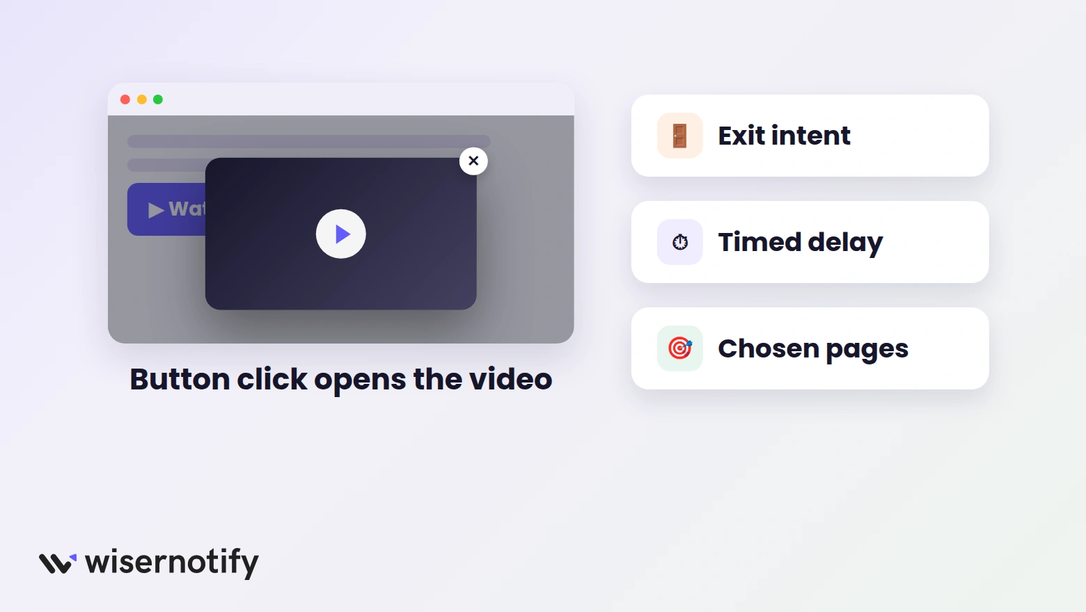 A button click opening a video popup beside exit intent, delay, and page targeting chips