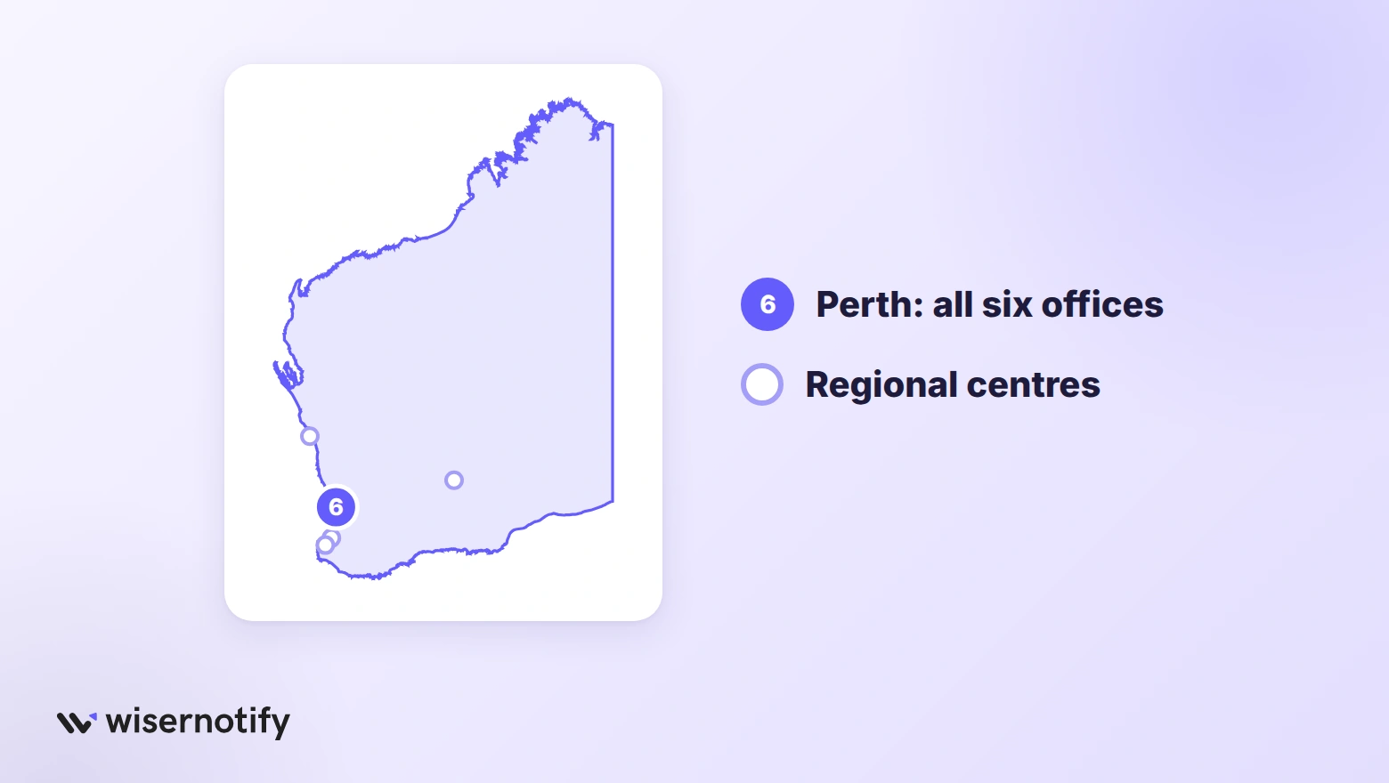 Western Australia map with all six CRO agency offices in Perth and hollow dots for regional centres