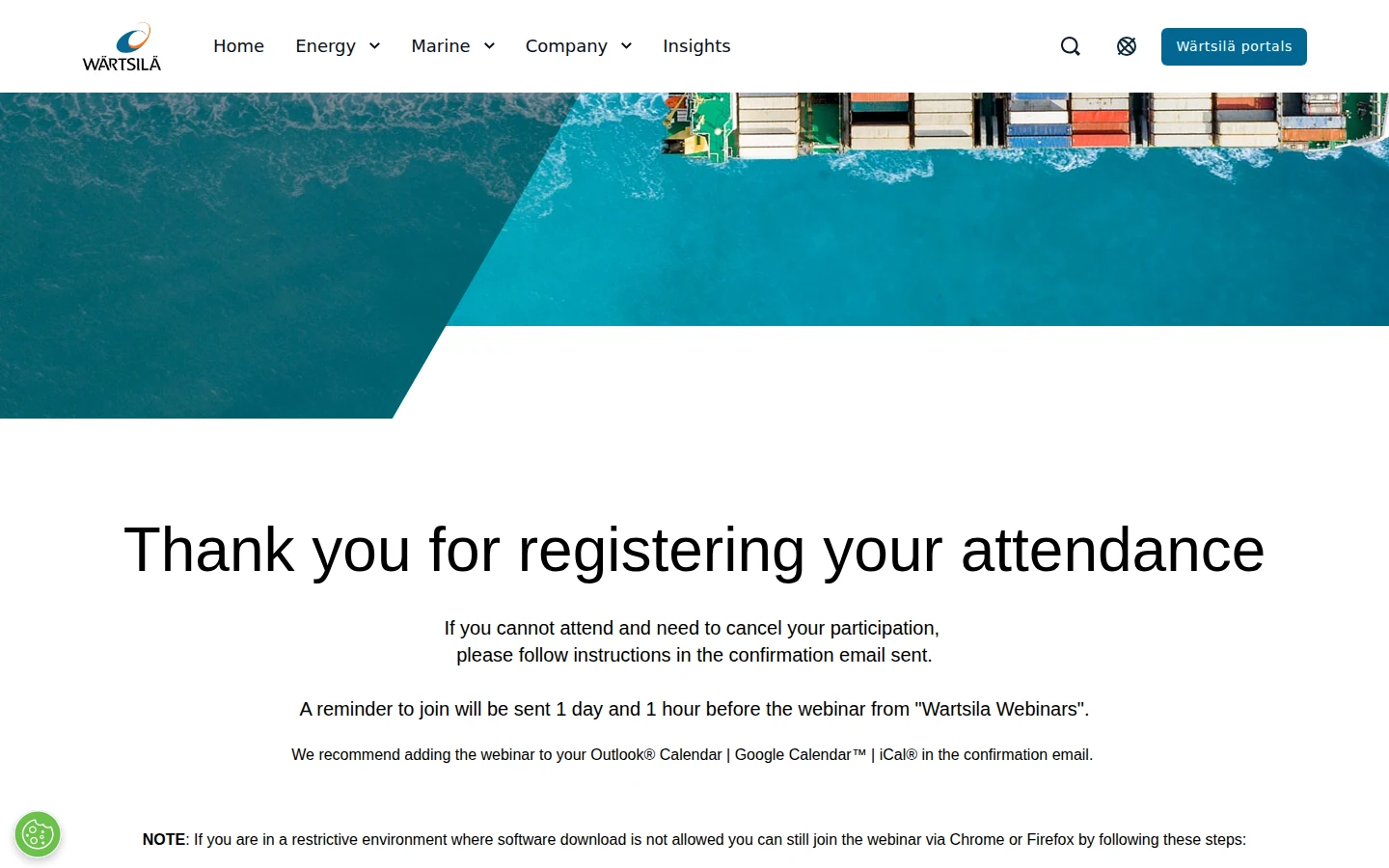 Wärtsilä webinar thank you page with reminder timing and calendar instructions