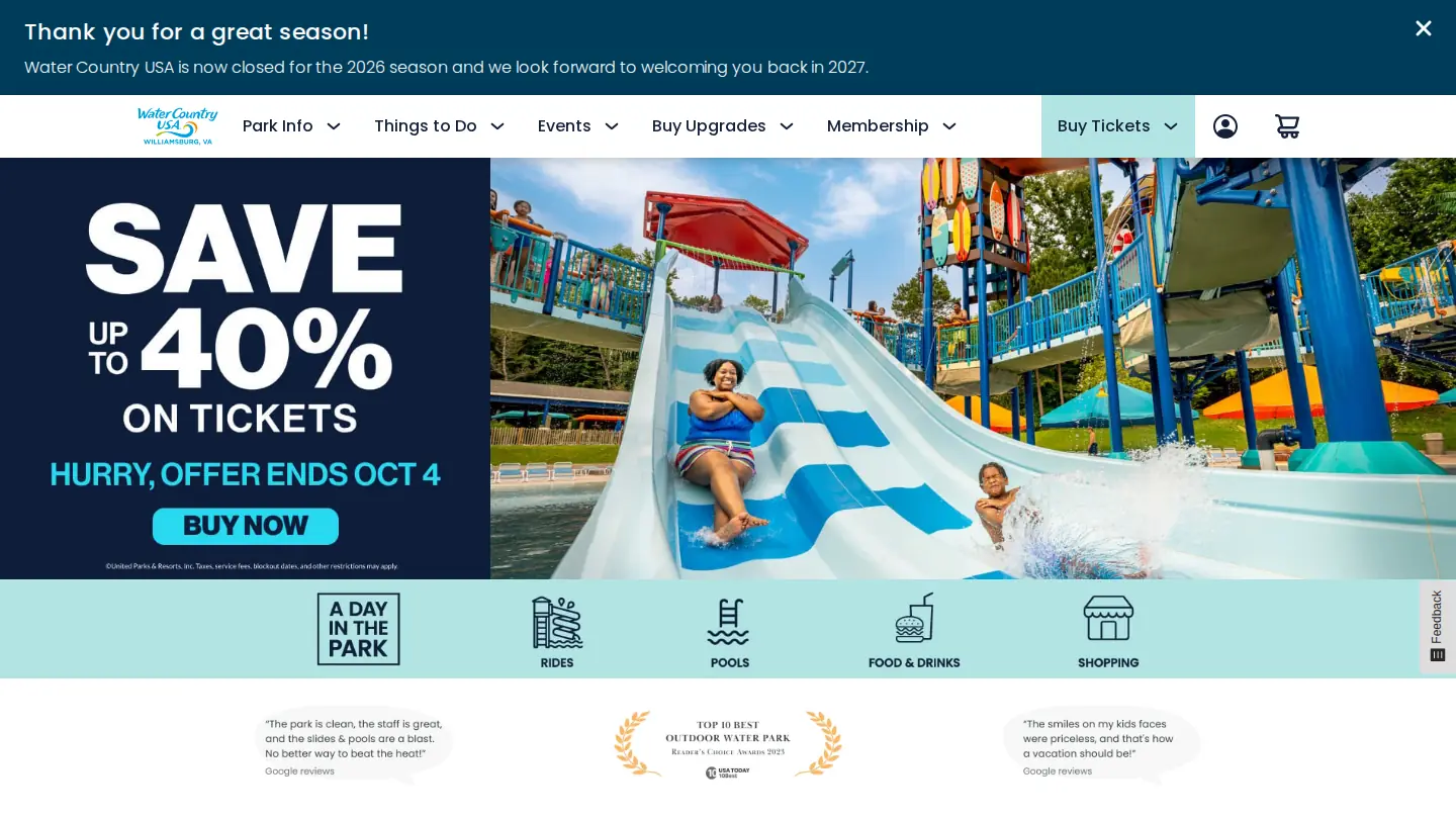 Water Country USA homepage with a closed-for-the-season notice and a save up to 40% on tickets offer that ends Oct 4