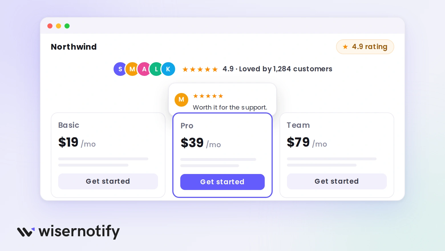 A pricing section with a customer avatar strip above it and a review quote placed next to the Pro plan button
