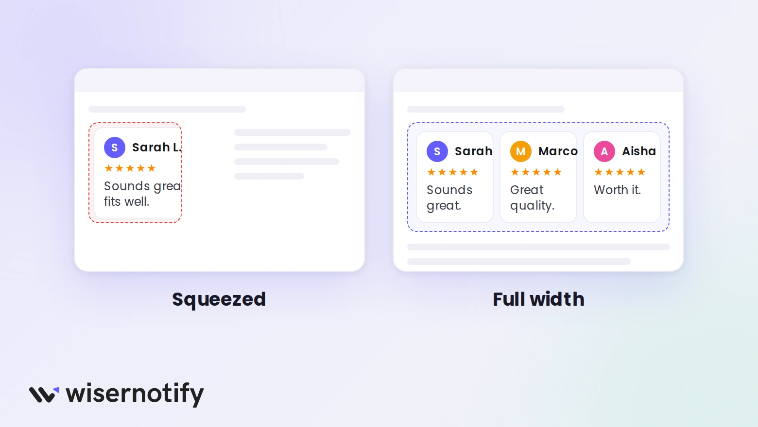 Two page layouts side by side: a review card clipped inside a narrow column and three review cards fitting a full-width section