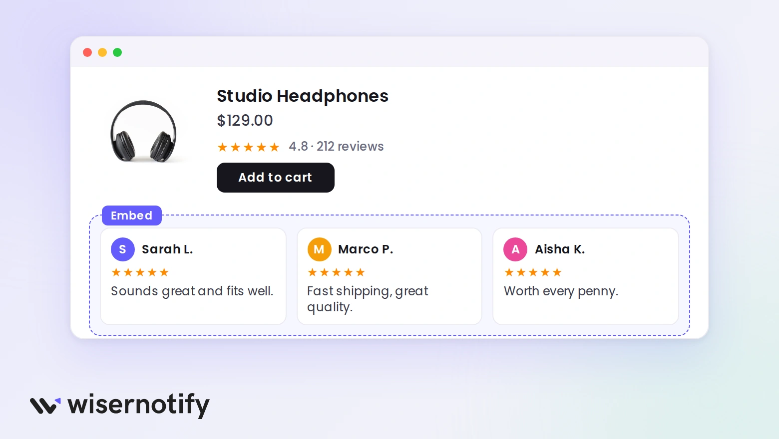 A product page with a row of customer review cards placed inside an Embed element below the Add to cart button