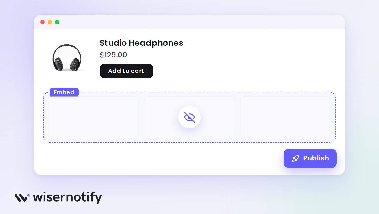 A product page with an empty Embed area showing a hidden-eye icon and a Publish button beside it
