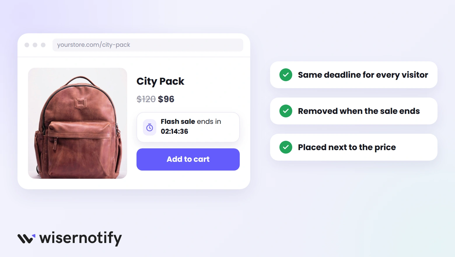 Product page with a countdown timer showing a flash sale ending in 02:14:36 next to the price