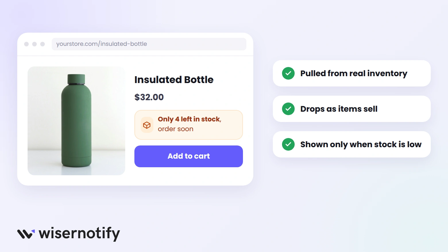 Product page with a low-stock alert reading Only 4 left in stock above the Add to cart button
