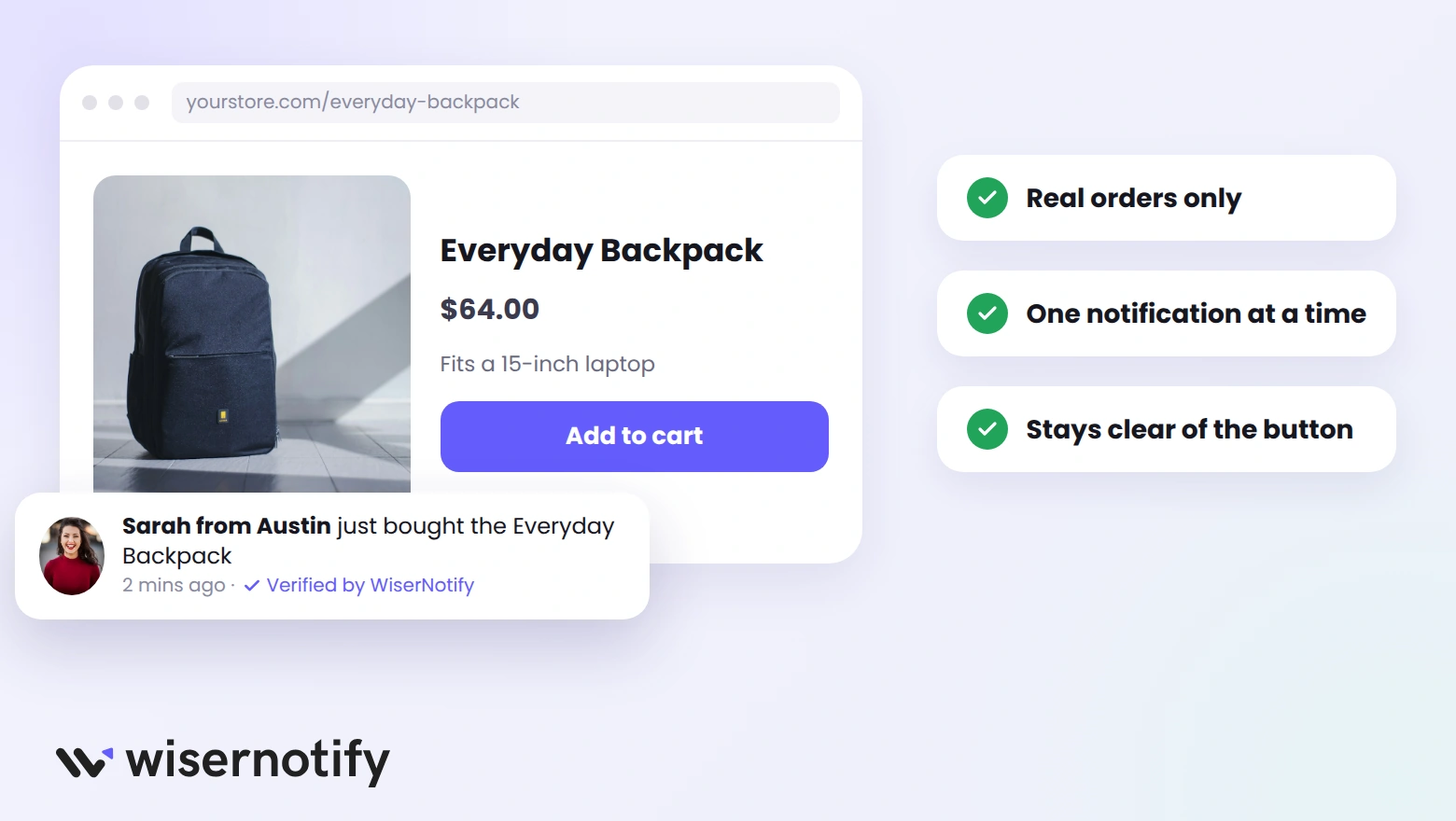 Product page with a WiserNotify notification showing Sarah from Austin just bought the Everyday Backpack