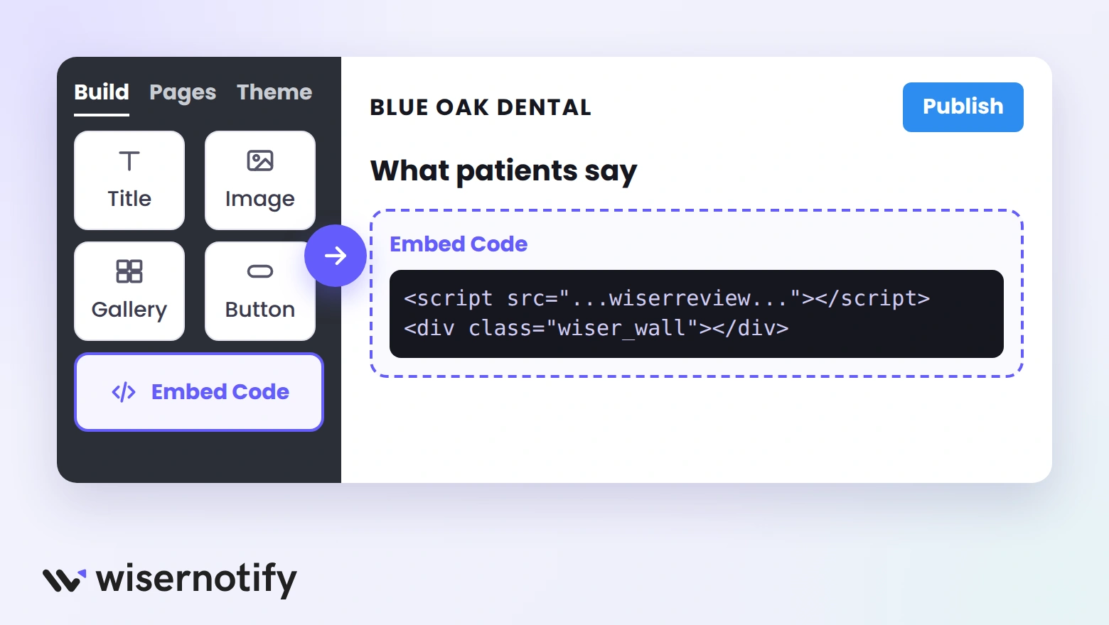 Weebly editor with the Embed Code element dragged onto a page and the review widget code pasted