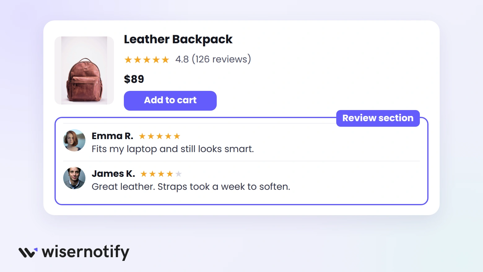 A product page with its review section below the product details, showing two customer reviews