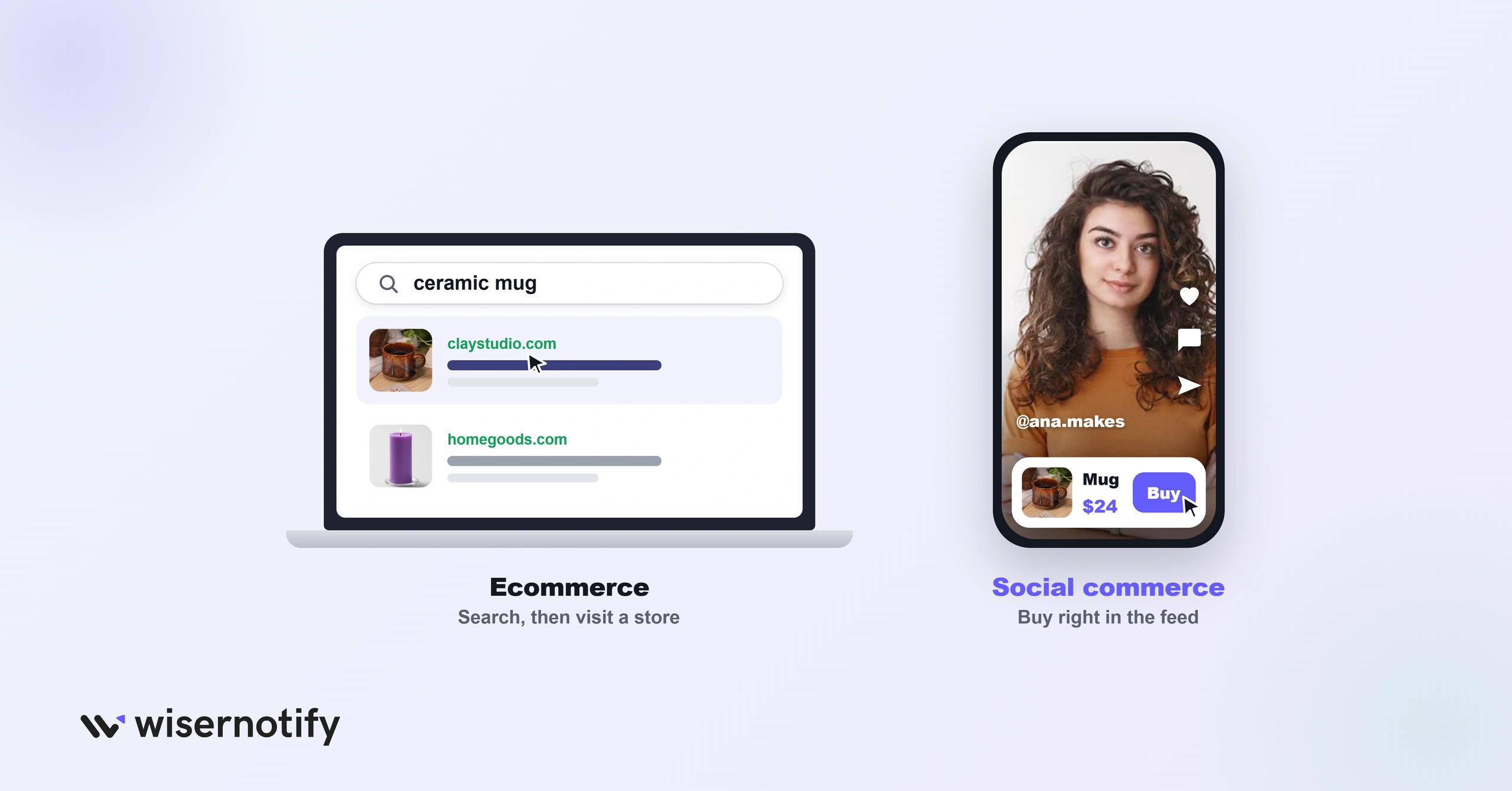 Ecommerce starts with a search and a store visit, while social commerce lets shoppers buy right in the feed