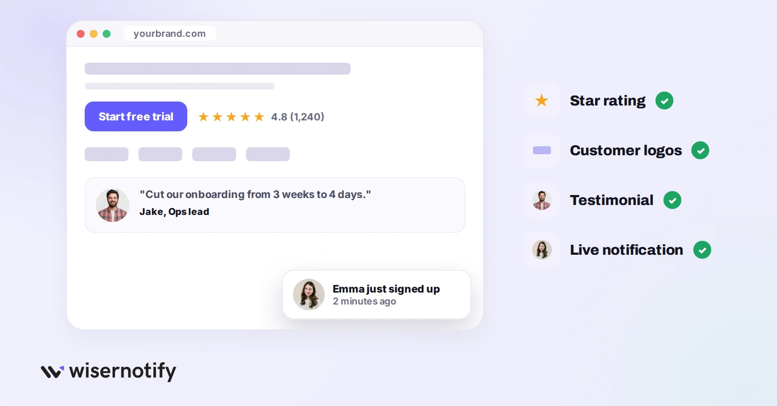 Landing page with social proof: star rating, customer logos, a testimonial and a live signup notification