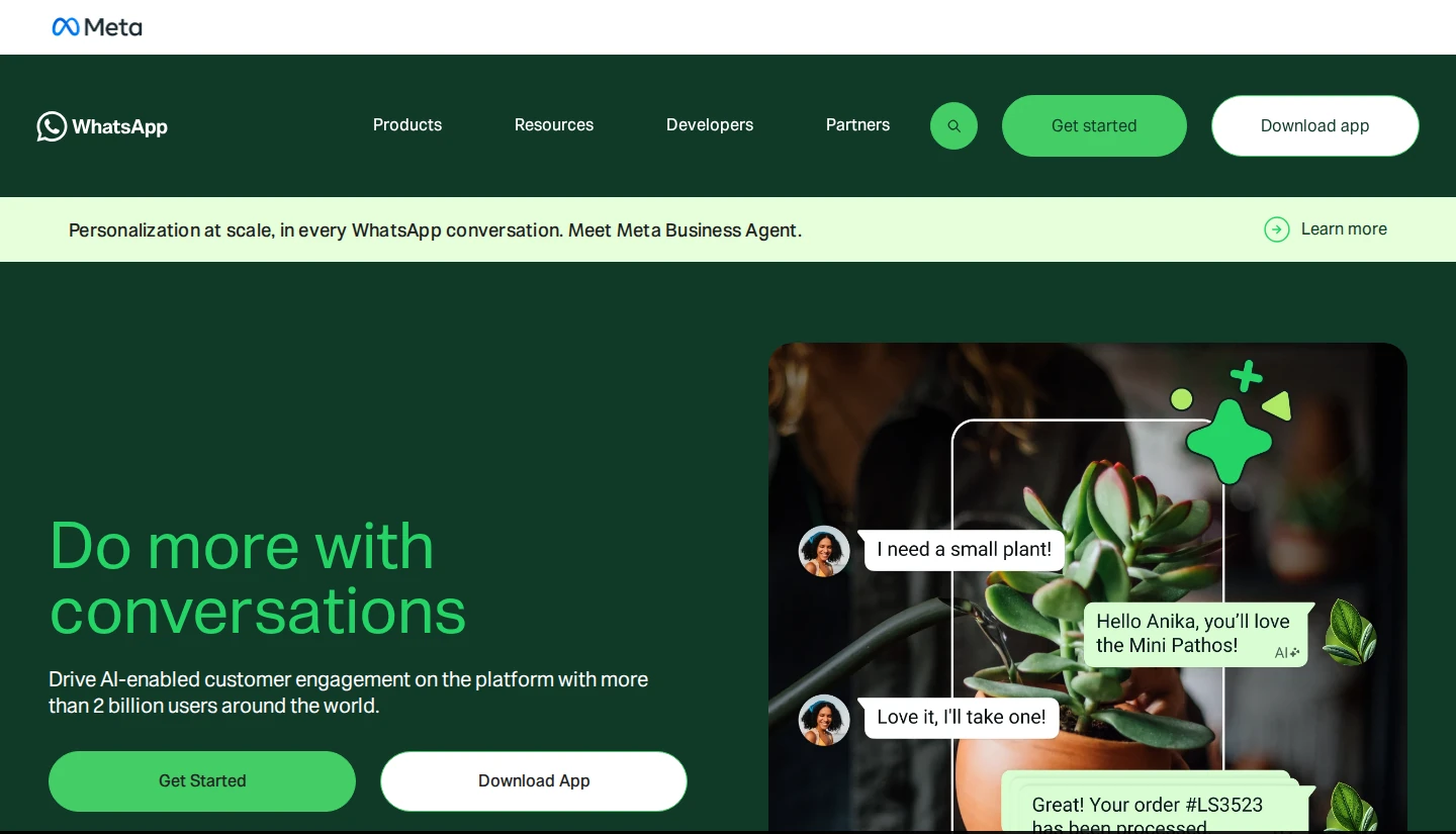 WhatsApp Business homepage for selling through chat with catalogs and messaging