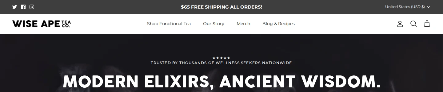 Wise Ape Tea announcement bar offering free shipping on all orders over $65