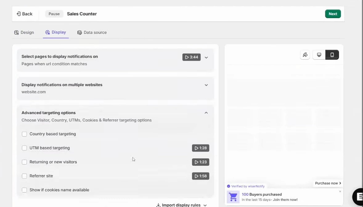 WiserNotify Display tab with page conditions, multiple websites and advanced targeting options