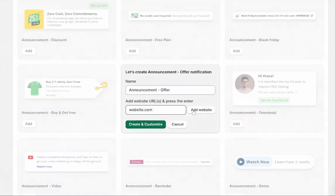 WiserNotify create announcement window with the name field and the website field