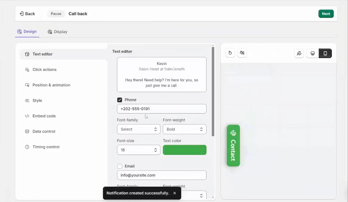 WiserNotify Call back Text editor with the name, role and greeting, the phone number field and the email field
