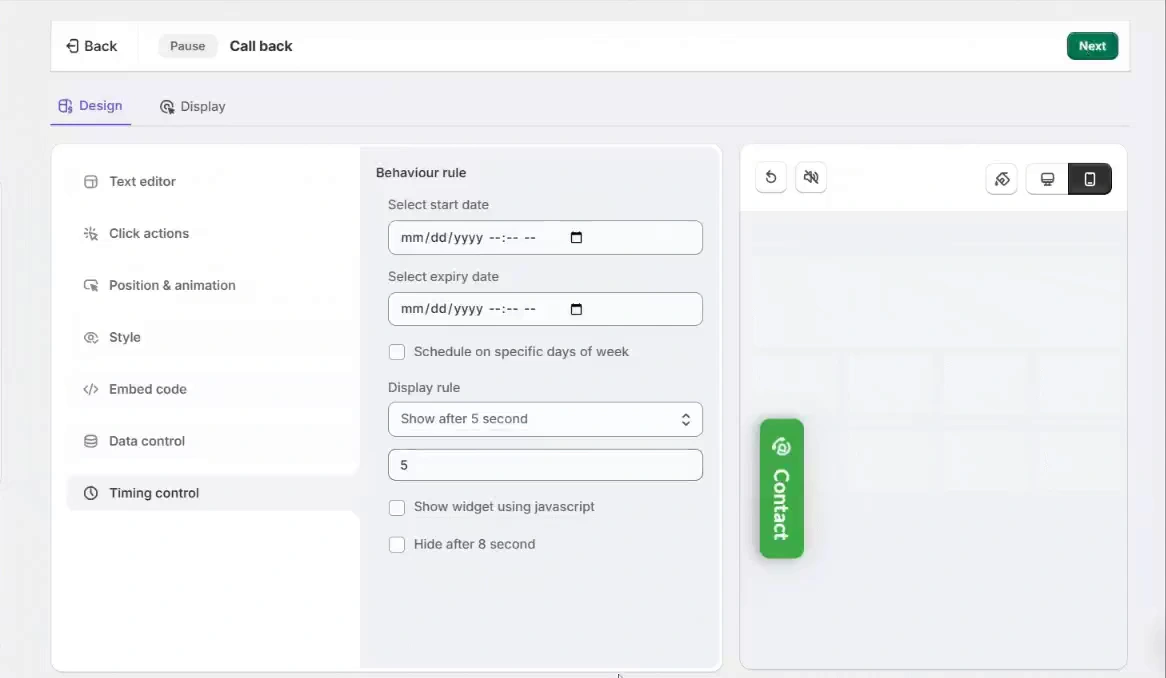 WiserNotify Call back Timing control with start and expiry dates, days of the week and a show-after delay