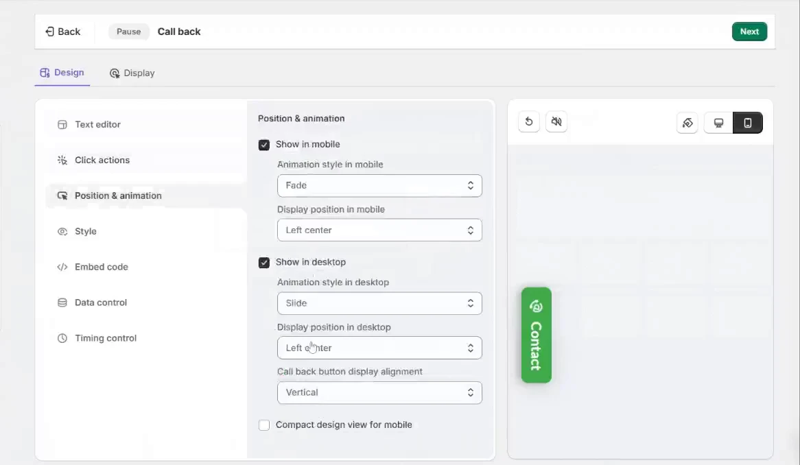 WiserNotify Call back Position and animation settings for mobile and desktop with the Contact tab preview