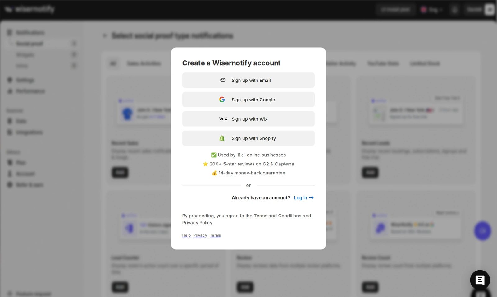 WiserNotify Create account window with email, Google, Wix, and Shopify sign-up options