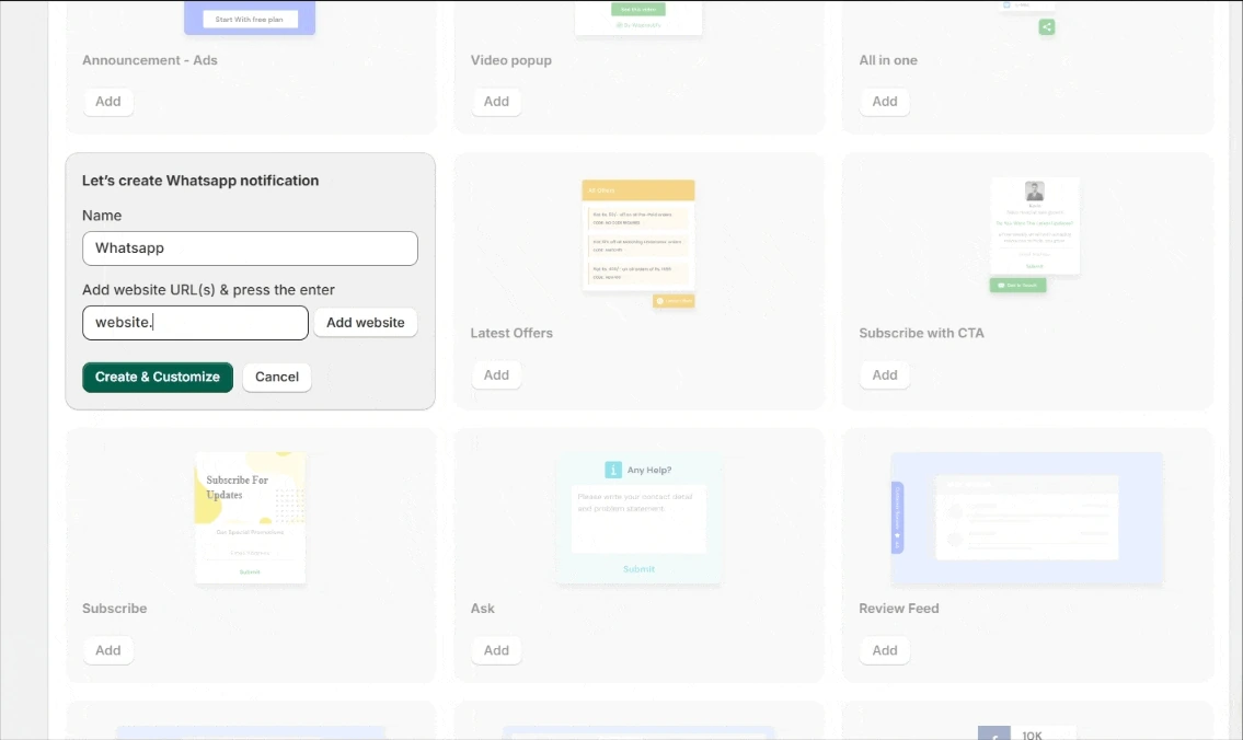 Creating a WhatsApp widget in WiserNotify: name the widget, add your website, and click Create & Customize