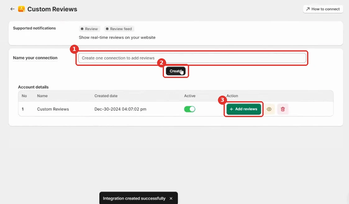 WiserNotify Custom Reviews page with the connection name field, the Create button, and the Add reviews button highlighted