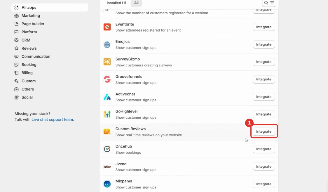 WiserNotify Integrations list with the Integrate button next to Custom Reviews highlighted