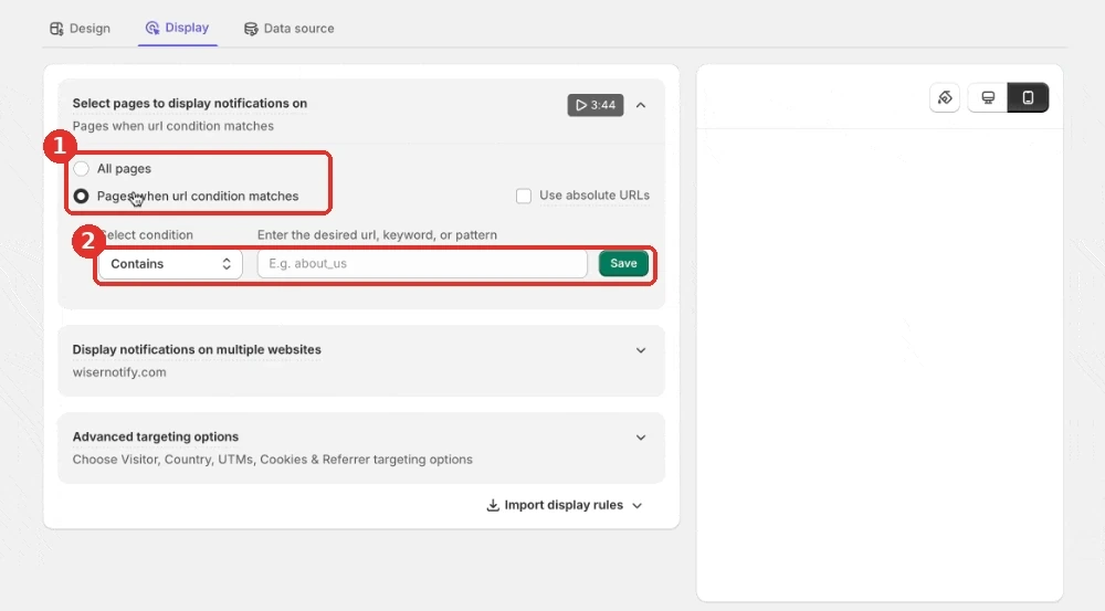 WiserNotify Display tab with All pages and Pages when URL condition matches